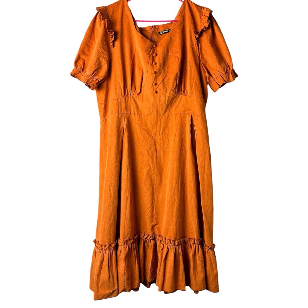 SHEIN Orange Ruffle and Ruched Cottagecore Puff Sleeve Maxi Dress